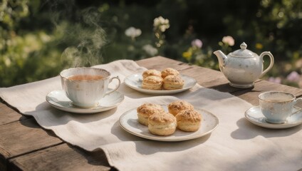 Tea set with scones, steam rising. Afternoon light and nature background