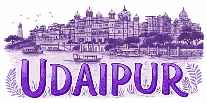 Udaipur Skyline Sketch with Lake Pichola, City Palace, Jag Mandir, and Monsoon Palace &ndash; Cultural Line Art for Travel Posters, Souvenirs, and Tourism Branding