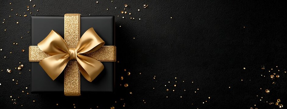 Luxury Christmas Gift Box with Gold Bow on Black Background. ideal for Christmas and holiday themes. Great for greeting cards, gift marketing materials, and Christmas design projects.