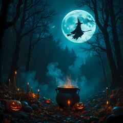 Moonlit Forest Halloween Scene With Witch On A Broom, Cauldron, Candles, And Jack-O-Lanterns