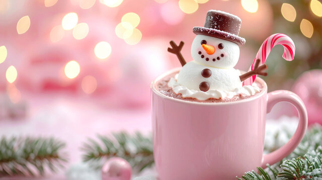 帽子をかぶったマシュマロスノーマンを浮かべたホットチョコレート