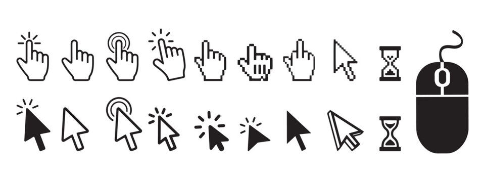 Computer mouse cursor and hand pointer icon collection for digital UI and web design projects in black and white vector style
