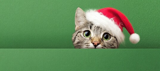 Cat Wearing Santa Hat on Green Background. It shows a cute, festive element, Great for greeting cards, holiday social media materials, and pet-loving design projects.