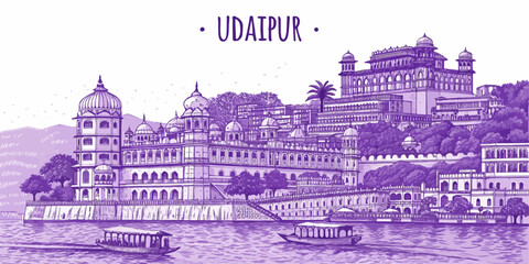 Udaipur Skyline Sketch with Lake Pichola, City Palace, Jag Mandir, and Monsoon Palace – Cultural Line Art for Travel Posters, Souvenirs, and Tourism Branding