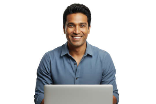 Smiling Indian professional man with laptop isolated on a transparent background