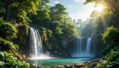 Majestic 3D Forest Waterfall Wallpaper with Glowing Sun Rays and Nature Scene