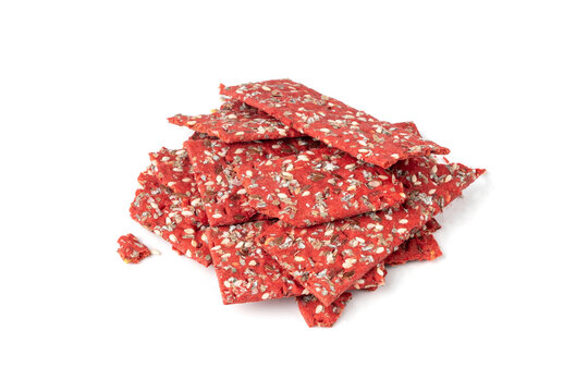 Beetroot crackers, thin rusk beet root bread, red diet multigrain crispbread, various seeds