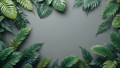 Tropical Green Leaves on Gray Grunge Background for 3D Wall Decor