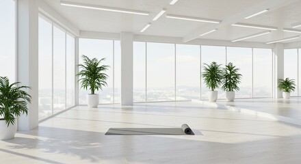 Bright yoga studio with large windows, plants, and a rolled-up mat offering a serene and inviting