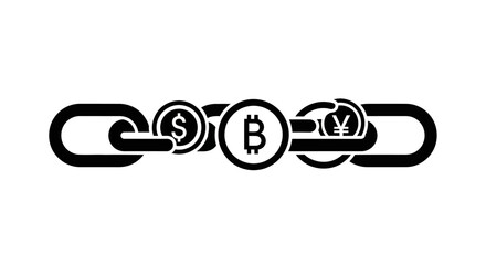 Blockchain currency concept linking dollar bitcoin and yen coins vector illustration isolated on white background