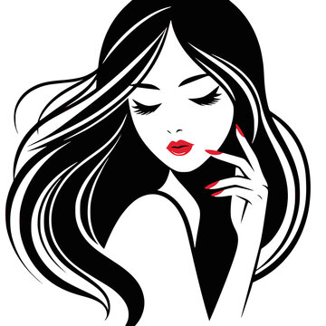 Beautiful sexy face, red lips, hand with red manicure nails, fashion woman, element design, nails studio, curly hairstyle, hair salon sign, icon. Beauty Logo. Vector, transparent PNG version.