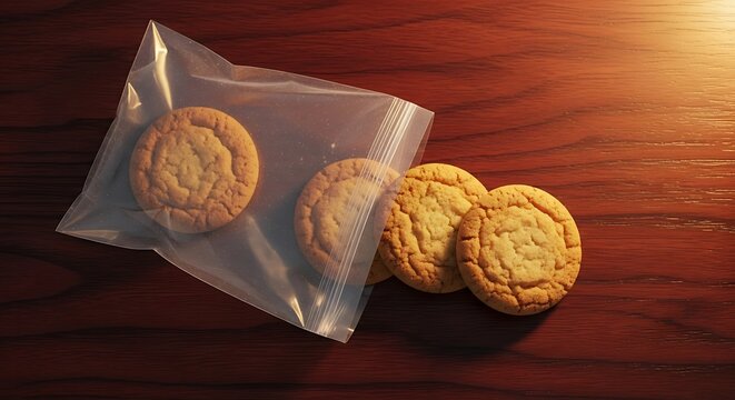 Freshly Baked Golden Cookies in Plastic Bag on Wooden Table with Warm Sunlight. - Powered by Adobe