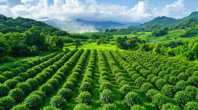 Lush Green Tea Plantation View with Rolling Hills and Dramatic Clouds Under Bright Blue Sky