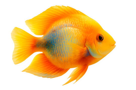 Vibrant orange cichlid fish with blue and green accents on isolated background