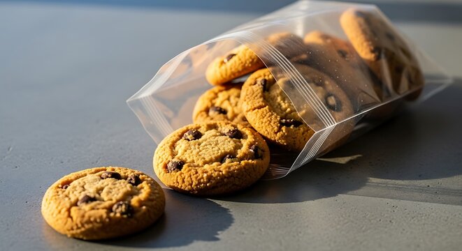 Delicious chocolate chip cookies spilling from a plastic bag onto a table.
