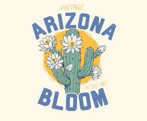 Vintage Arizona Bloom Art.Retro Cactus Flower Graphic.Desert Saguaro Print Design.Southwestern Botanical Badge.Blooming Cactus Illustration © panji