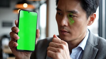 Asian Businessman Presenting Smartphone with Green Screen for Advertising. - Powered by Adobe