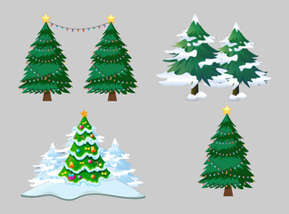 Decorated Christmas Tree Collection with Snow and Lights Vector Illustration