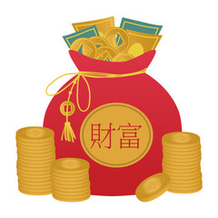 Red Bag Filled with Gold Coins Vector Illustration