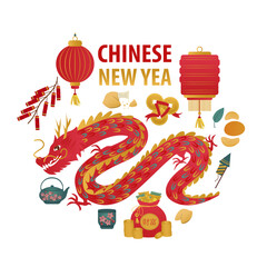 Chinese New Year Dragon and Decorations Vector Illustration