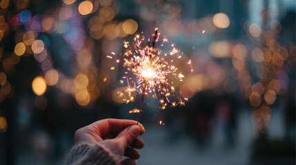 Hand holding a sparkling firework stick (sparkler) against a vibrant, festive bokeh background of city lights at night