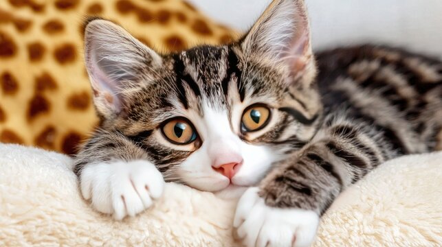 Adorable tabby cat relaxing on soft blanket with playful expression and bright eyes in cozy indoor setting