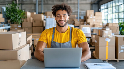 Smiling warehouse worker with laptop planning shipment schedule cheerfully