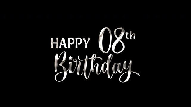 8th happy birthday text animation in silver metallic effect. suitable for birthday celebrations, social media posts, and greeting cards. Includes alpha channel for any background.