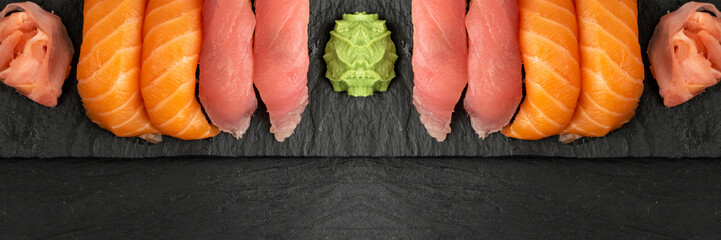 Macro photo of salmon nigiri sushi and maguro tuna © ange1011