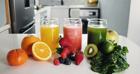 Nutrition, fruit and juice in kitchen for detox, antioxidants and vegan drink. Wellness, gut health...