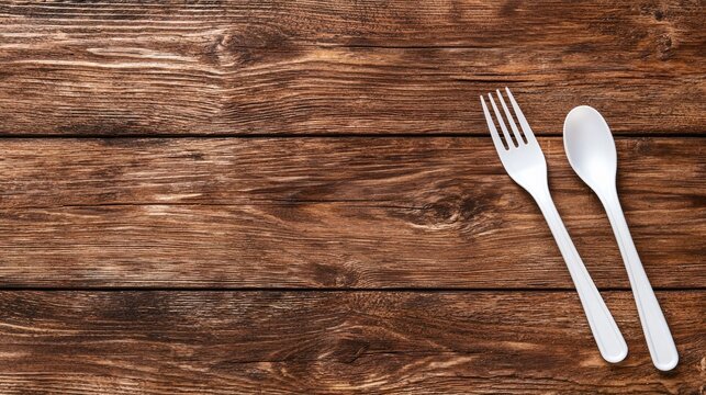 White Plastic Fork and Spoon on Rustic Wooden Table with Natural Grain Texture Background