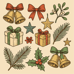 Vintage Engraving Christmas Elements Set: Bells, Holly, Gifts, and Pine
