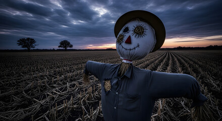 Spooky Scarecrow Guarding Harvested Corn Field at Dramatic Dusk Sunset