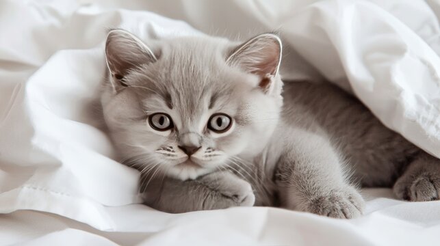 Adorable fluffy gray kitten resting comfortably in soft white bedding with curious wide eyes looking at camera