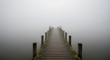 Fototapeta premium Mysterious Wooden Pier Disappearing into Thick Fog Over Calm Water