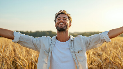 Man enjoying sunlight in wheat field smiling with arms outstretched calm golden hour