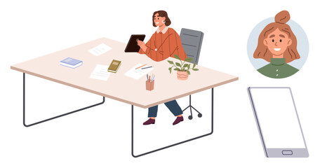 Woman sitting at desk using tablet, surrounded by office items. Mobile phone and profile image suggest communication. Ideal for business, technology, remote work, productivity, networking