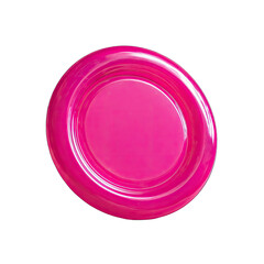 Pink, glossy circular object with ringed, flat surface