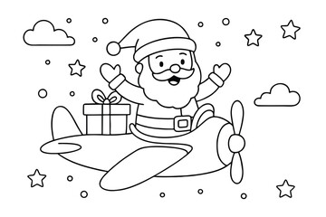 Cute Christmas coloring page of Santa flying an airplane with an open cockpit carrying a big gift box. Fun black and white outline, perfect for kids&rsquo; holiday coloring books.