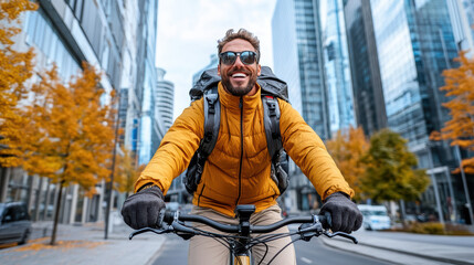Smiling cyclist in orange jacket commuting through autumn city street with joyful mood