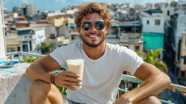 Young man smiling with iced coffee on rooftop city view