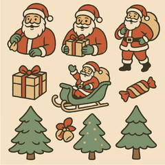 Full Retro Santa Claus Illustration Set: Christmas Sleigh, Gifts, and Tree Icons