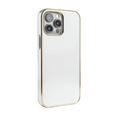 White phone case w/ gold trim. Three rear-facing lenses