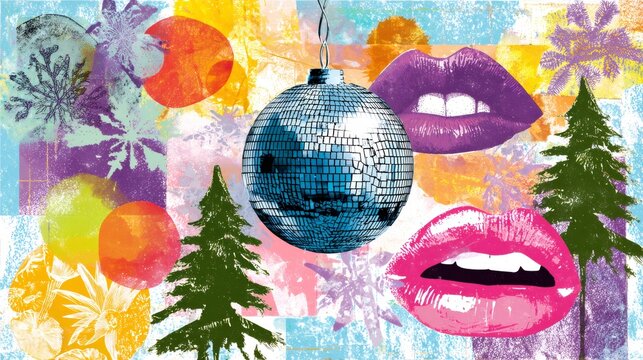 Cheerful collage with disco ball, snowflakes, christmas tree branches, and colorful lips. Retro christmas holiday or big sales concept.