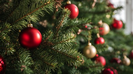 Close-up of red and gold ornaments on christmas tree branches