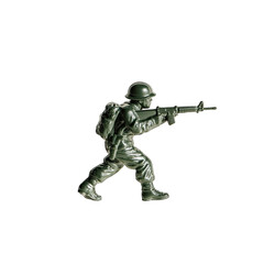 Green toy soldier, aiming rifle. Isolated on black