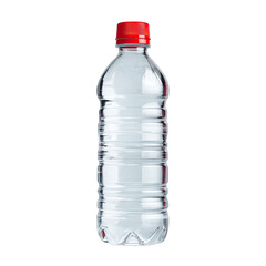 Clear ribbed plastic bottle w/ red cap, on black background