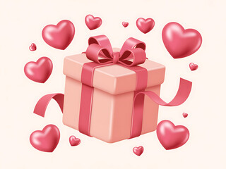 Beautiful Pink Gift Box Wrapped with Ribbon Surrounded by Floating Heart Shapes