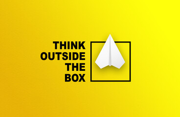 Think outside the box. Creative think outside box with paper plane on yellow background