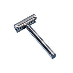 Polished metal safety razor angled on a black background
